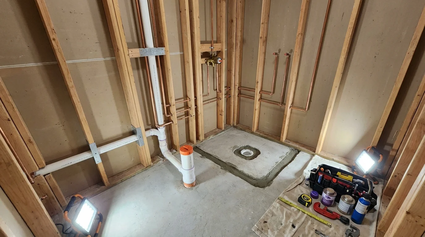 Bathroom rough-in plumbing during remodel by Johns Plumbing LLC in Lake Odessa