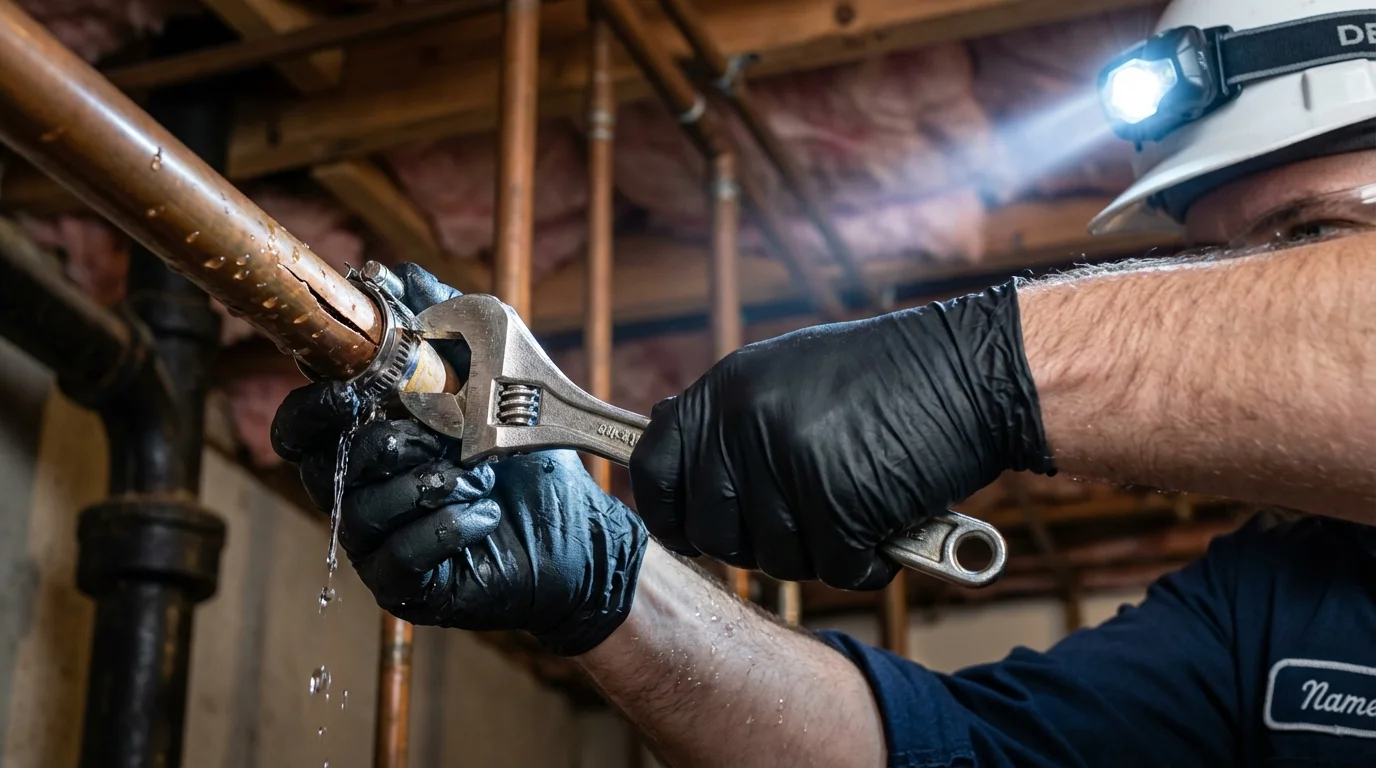 Emergency pipe clamp repair being performed by a Johns Plumbing LLC plumber in Lake Odessa