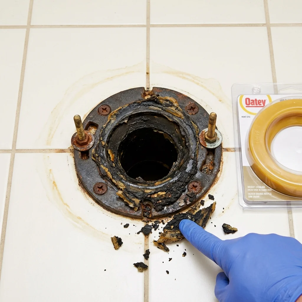 Failed wax ring showing water seepage at the base of a toilet in a Lake Odessa, MI home