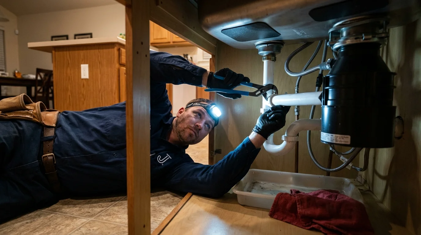 P-trap and supply line connections under a kitchen sink showing a common leak point in Lake Odessa, MI